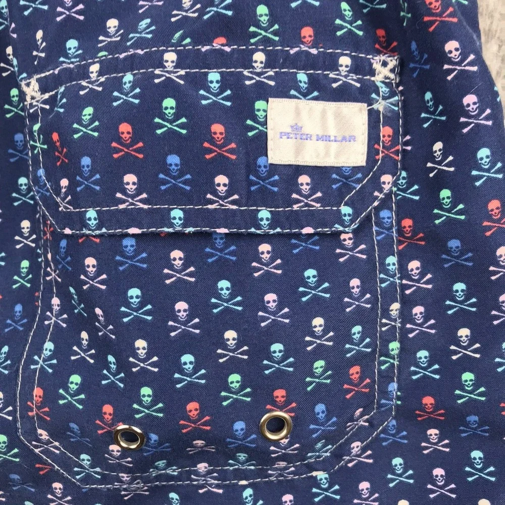 Peter Millar Sea Pirates Swim Trunks Mens L Navy Crossbones 7